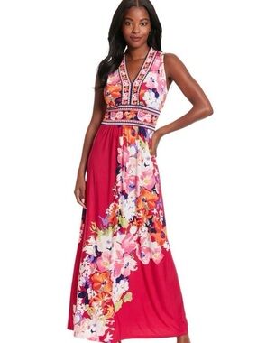 London Times Hot Pink Floral-Trim V-Neck Dress